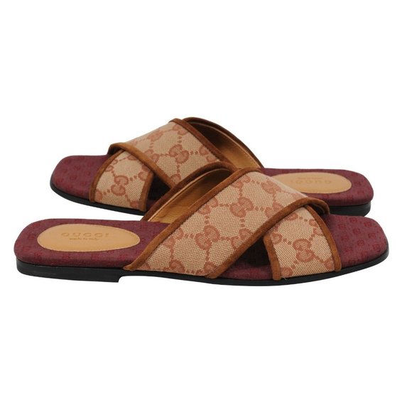 Gucci Women Senior Ruggine Cross Strap Sandals 36.5 US6.5 Red Brown Canvas Slide - Picture 4 of 9